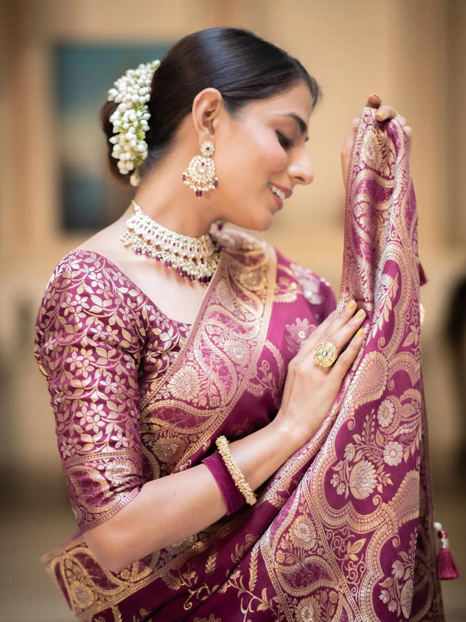 Hema Wine Banarasi Silk Saree WIth Fabulouse Blouse Piece