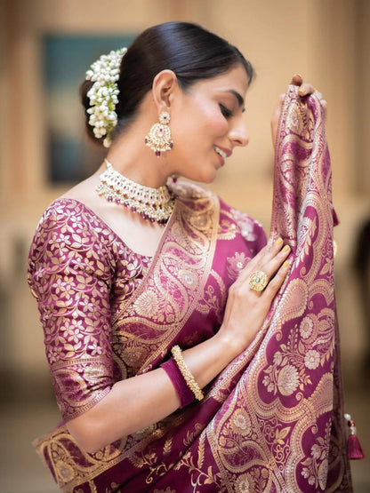 Hema Wine Banarasi Silk Saree WIth Fabulouse Blouse Piece