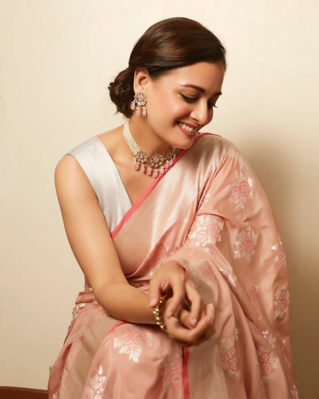 Peach Silk Saree With Weaving Work