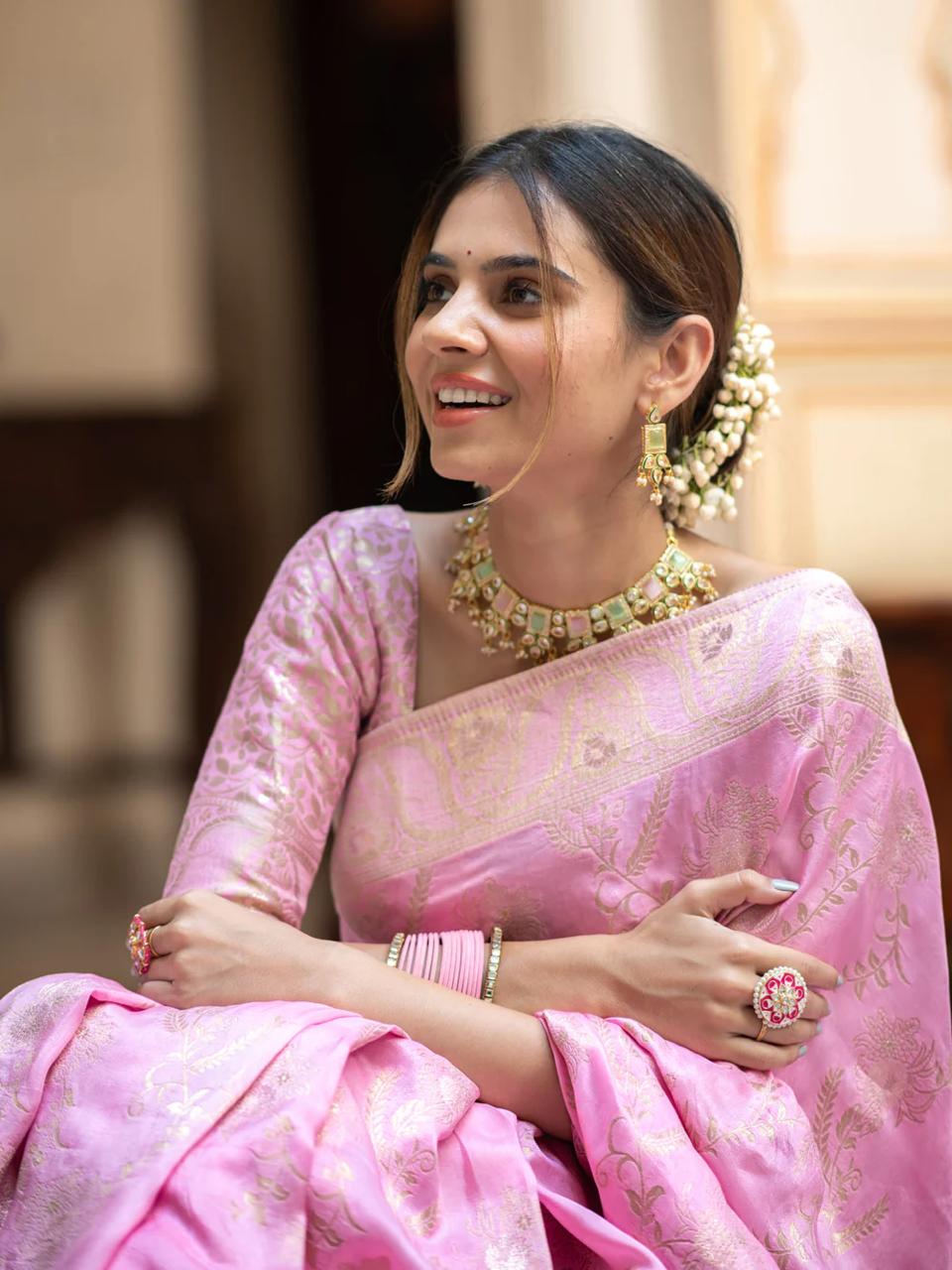Hema Onion Pink Banarasi Silk Saree WIth Fabulouse Blouse Piece