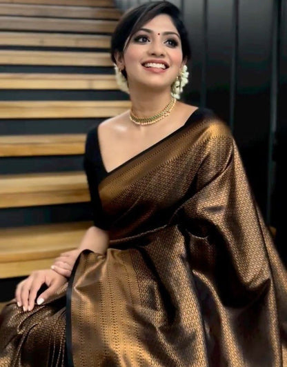 Black Golden Butti Soft Banarasi Silk Saree With Attached Blouse - ABHA