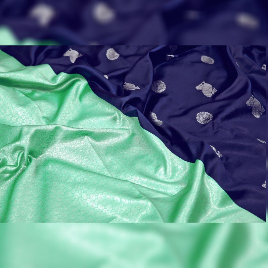 Valiba Kanchi expo Navy Blue Colored Saree With Firozi Pallu Banarasi Sari