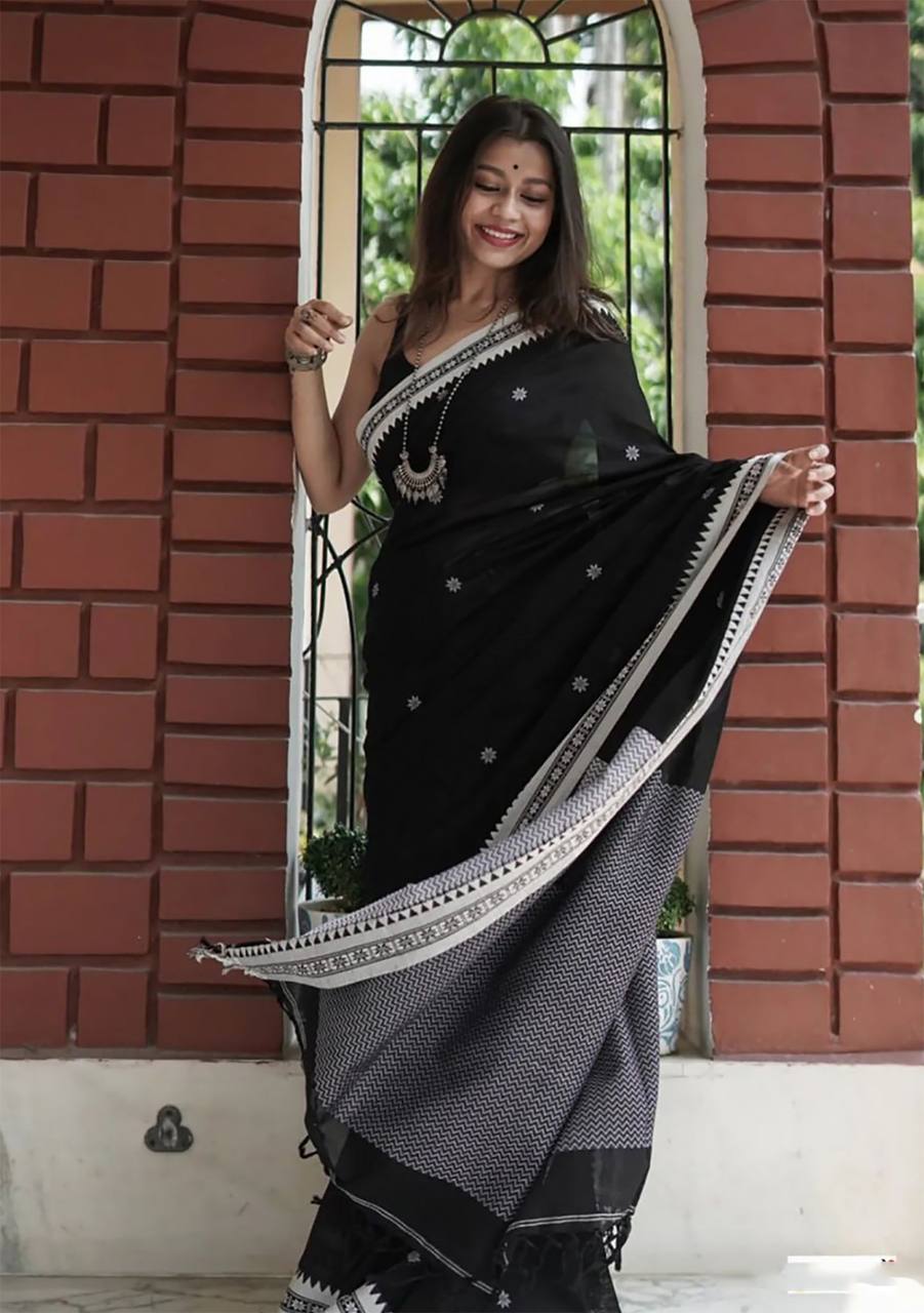 Twirling Black Cotton Silk Saree