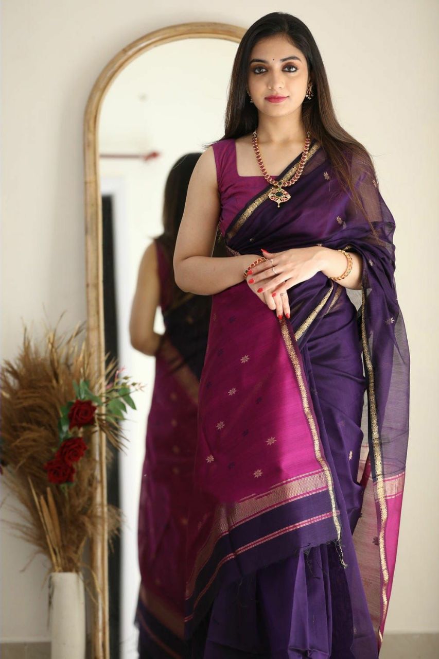 Luxuriant Purple Cotton Silk Saree