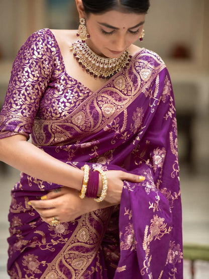 Hema Purple Banarasi Silk Saree WIth Fabulouse Blouse Piece