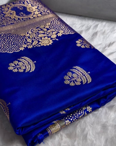 Prerana - Blue Banarasi Satin Saree with Zari Floral Border