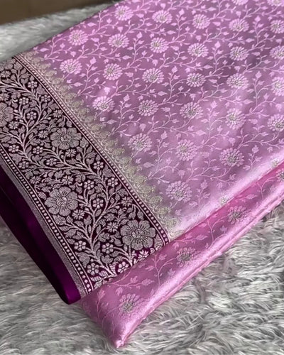 Shalini-Lavender Floral Banarasi Style Saree With Wine Border