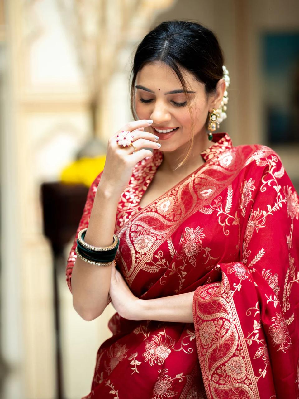Hema Red Banarasi Silk Saree WIth Fabulouse Blouse Piece