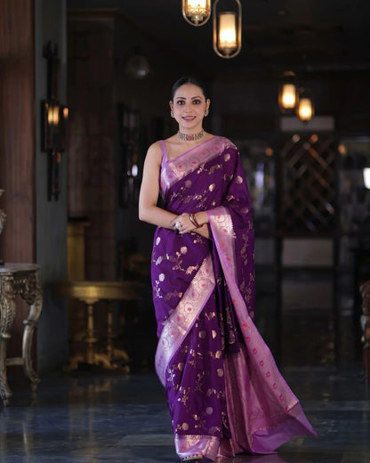 Bhavya - Royal Purple Banarasi Floral Saree
