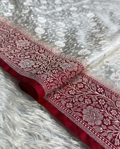 Sudhira - Ivory Banarasi Silk Saree with Red Zari Border