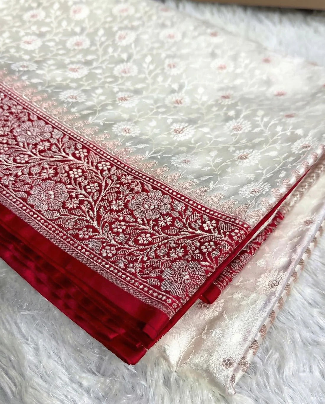 Sudhira - Ivory Banarasi Silk Saree with Red Zari Border