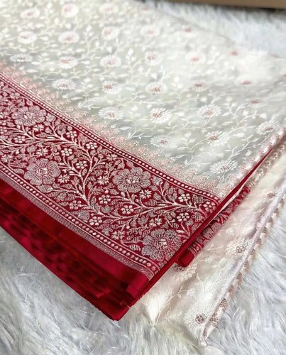 Sudhira - Ivory Banarasi Silk Saree with Red Zari Border