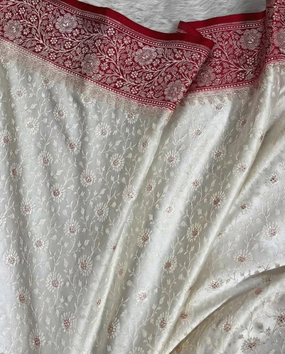 Sudhira - Ivory Banarasi Silk Saree with Red Zari Border