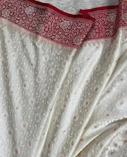 Sudhira - Ivory Banarasi Silk Saree with Red Zari Border