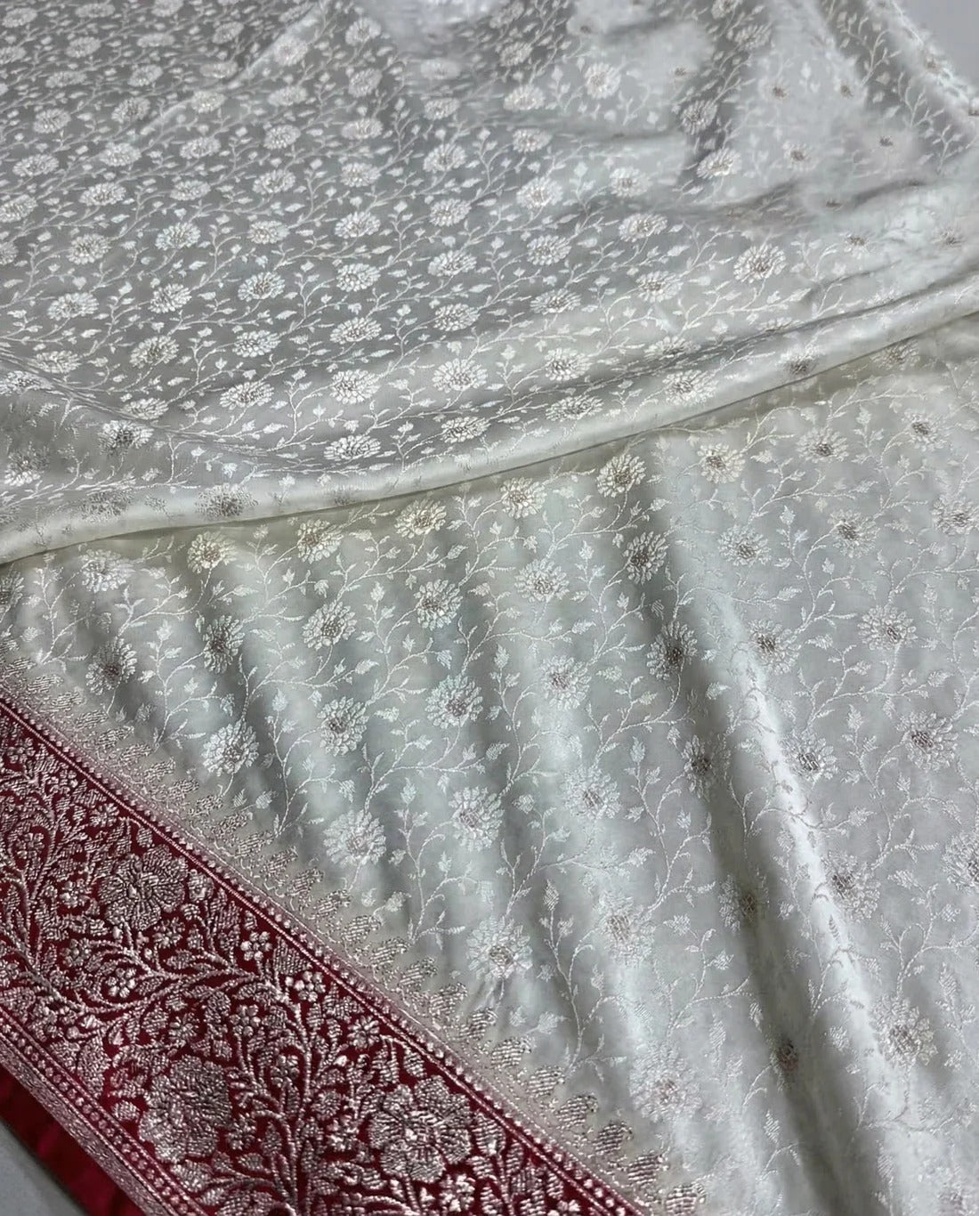 Sudhira - Ivory Banarasi Silk Saree with Red Zari Border