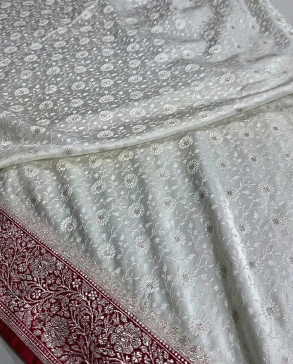 Sudhira - Ivory Banarasi Silk Saree with Red Zari Border