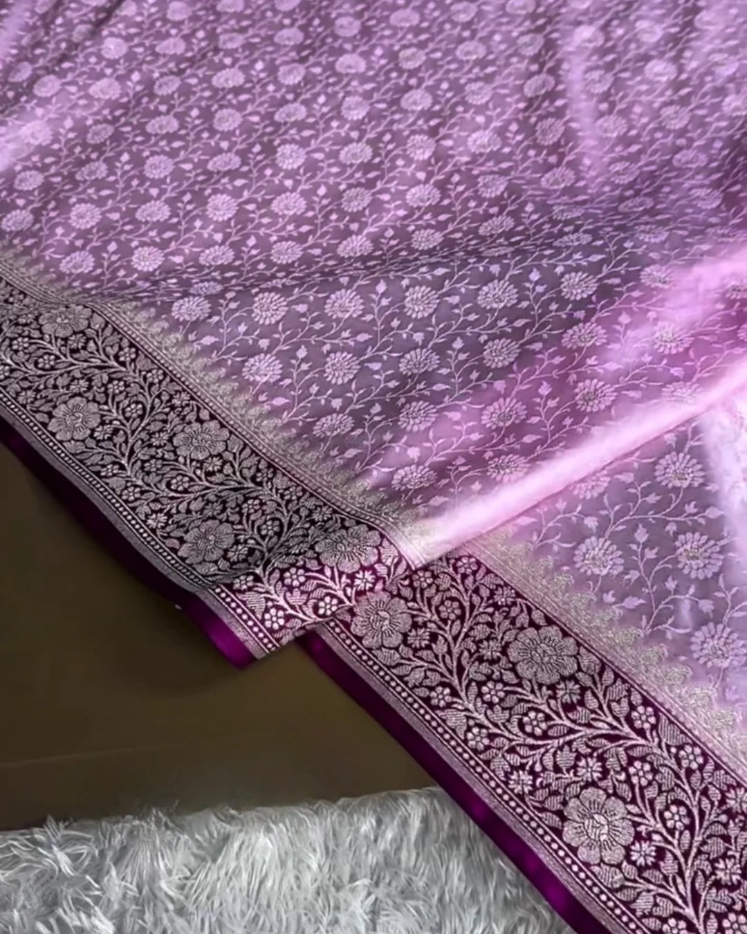 Shalini-Lavender Floral Banarasi Style Saree With Wine Border