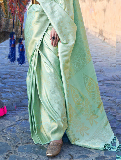 Aditi Pista Royal Traditional Kanjivaram Silk saree WIth Mesmorising Blouse Piece