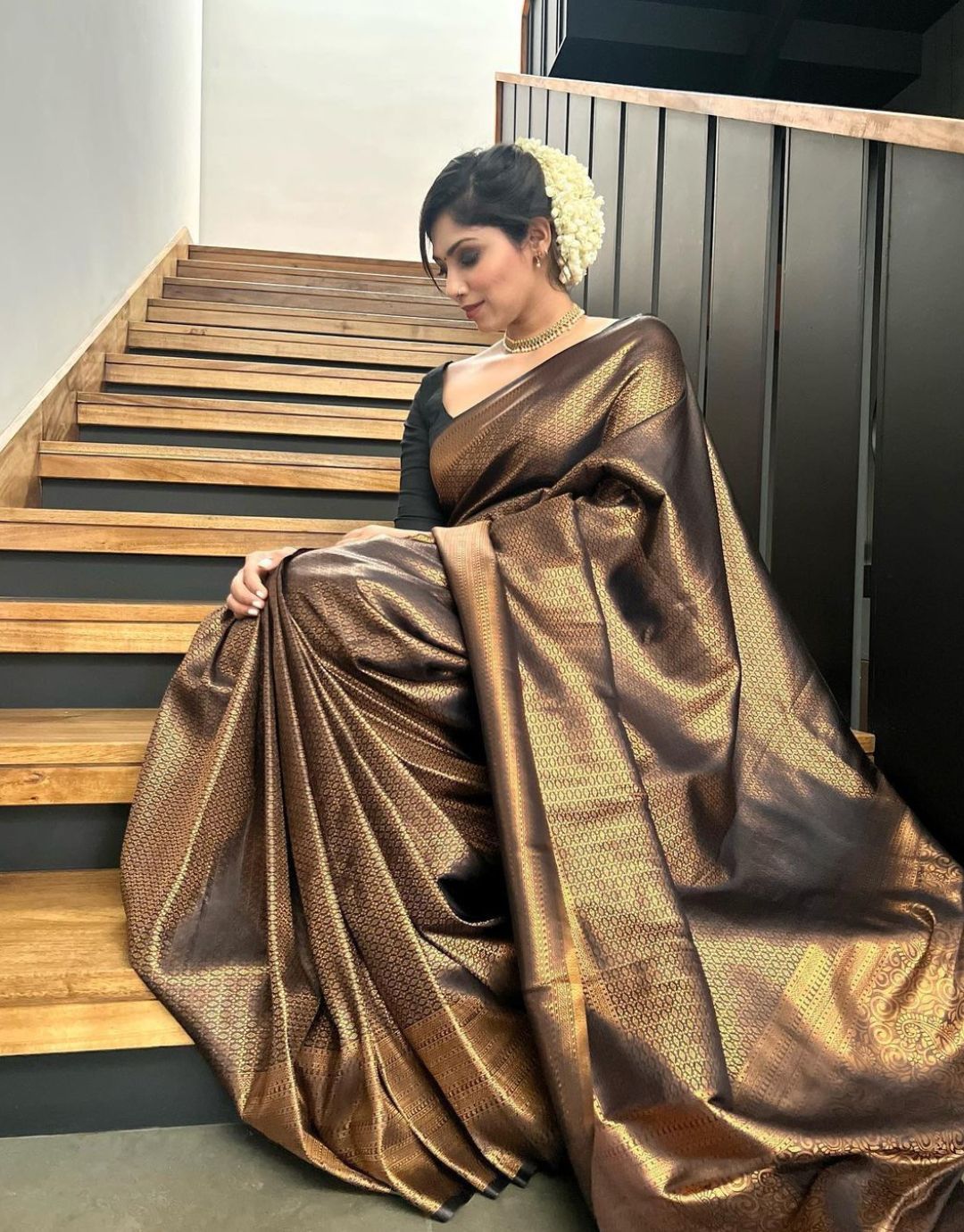 Black Golden Butti Soft Banarasi Silk Saree With Attached Blouse - ABHA