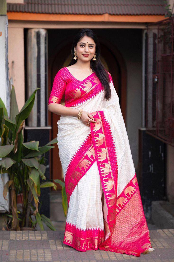 Off White And Rani Woven Silk Saree