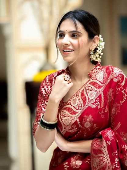 Hema Red Banarasi Silk Saree WIth Fabulouse Blouse Piece