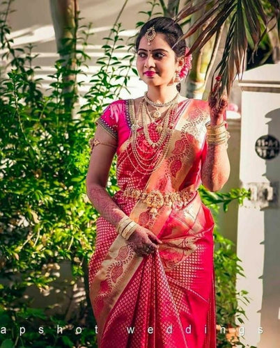 Bright Pink Soft Lichi Silk Saree