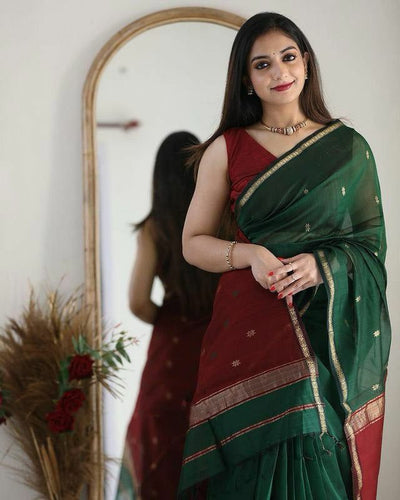 Green And Red Soft Cotton Saree