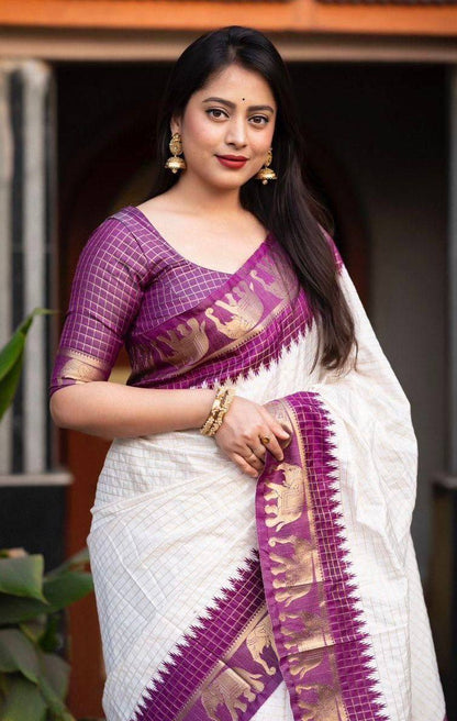 Fascinating Off White And Purple Silk Saree