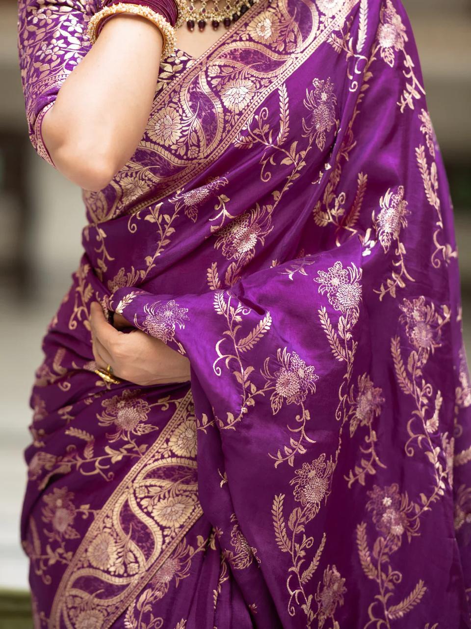 Hema Purple Banarasi Silk Saree WIth Fabulouse Blouse Piece