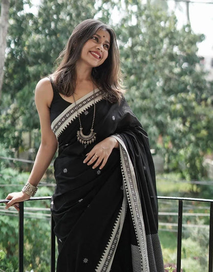 Twirling Black Cotton Silk Saree