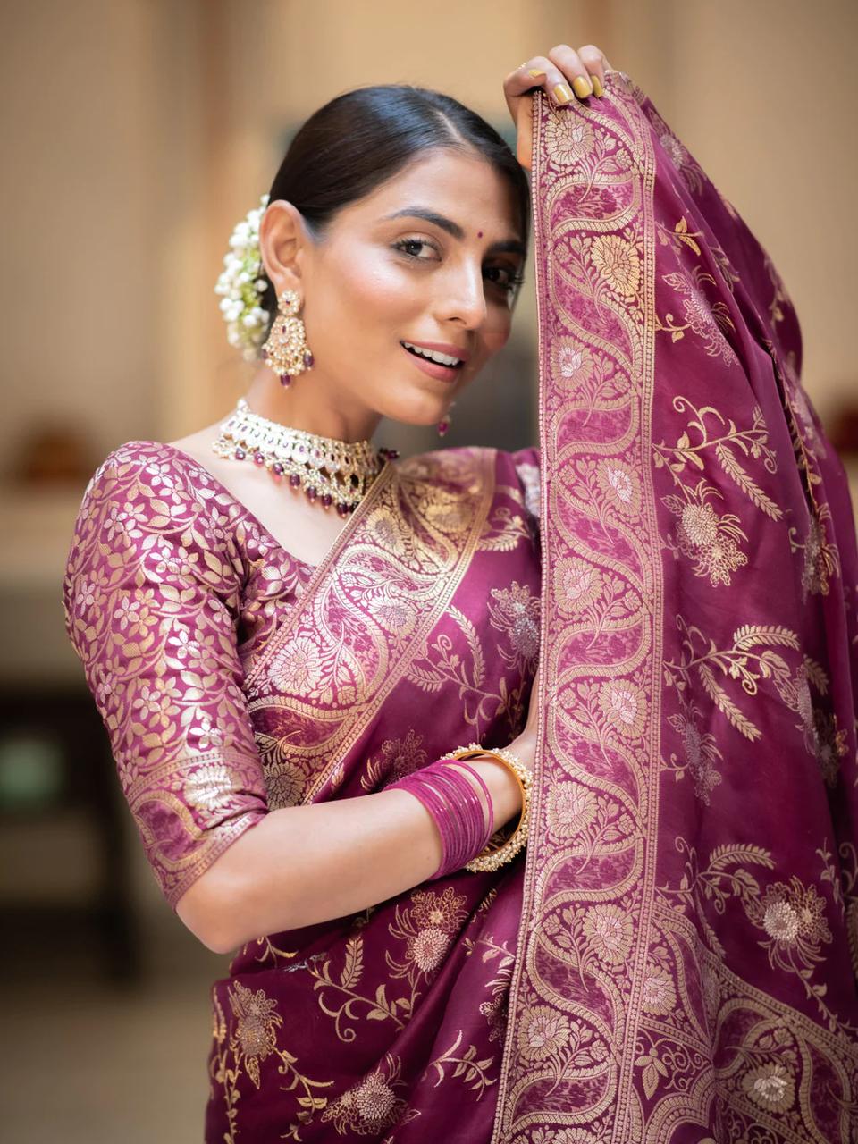 Hema Wine Banarasi Silk Saree WIth Fabulouse Blouse Piece