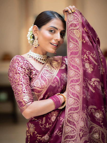 Hema Wine Banarasi Silk Saree WIth Fabulouse Blouse Piece
