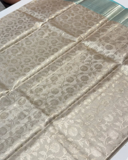 Maithili - Ivory Aqua Floral Weave Saree