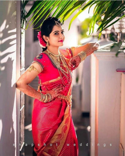 Bright Pink Soft Lichi Silk Saree