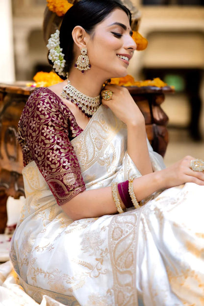 Hema White Banarasi Silk Saree WIth Fabulouse Blouse Piece