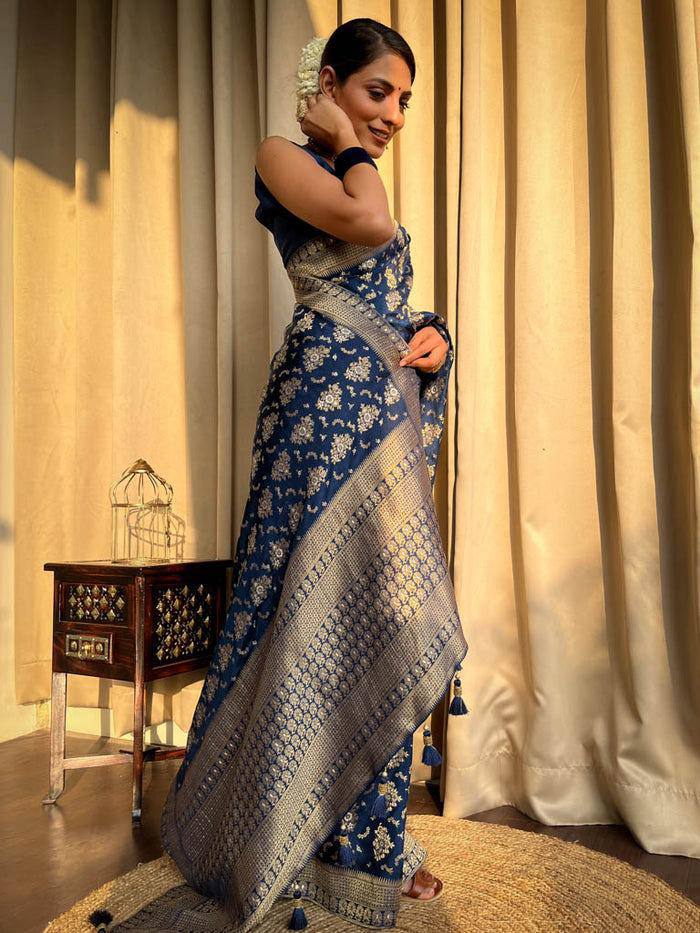 Blue Colour Pure Soft Silk Saree With Twirling Blouse Piece