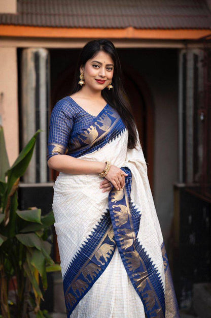 Navy Blue And Off White Silk Zari Saree