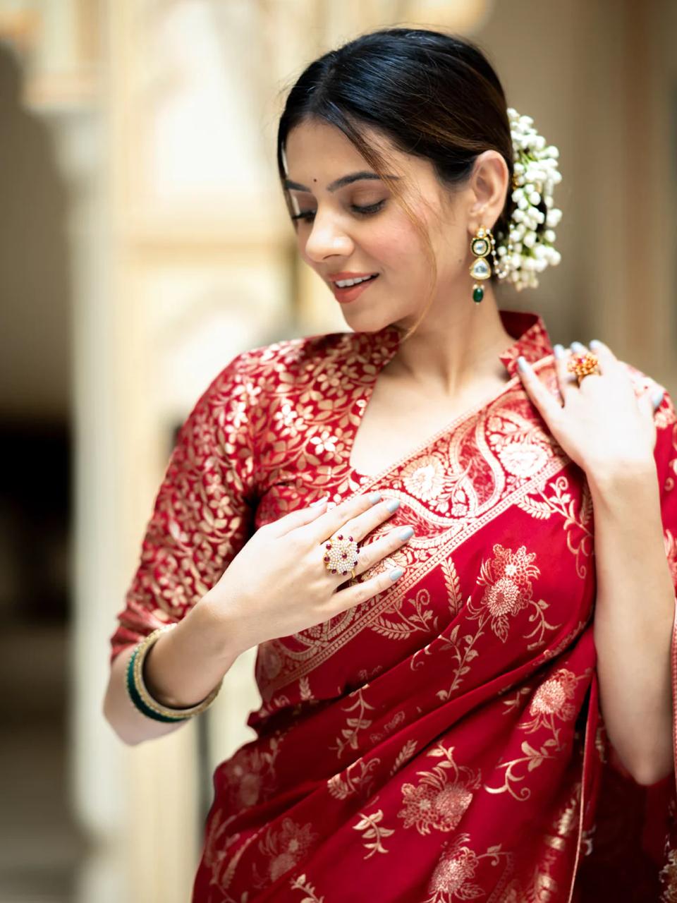 Hema Red Banarasi Silk Saree WIth Fabulouse Blouse Piece
