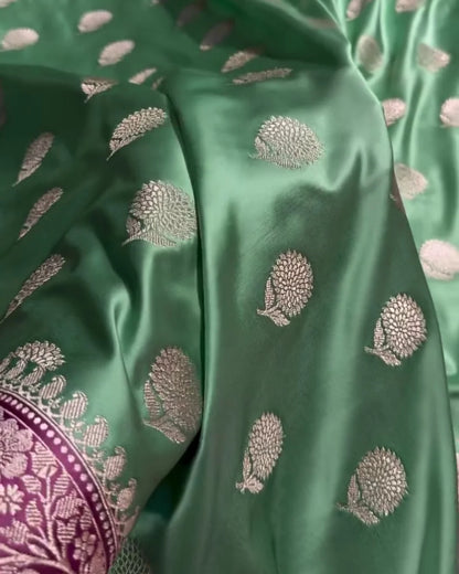 Garima - Bottle Green Paisley Silver Zari Banarasi Saree