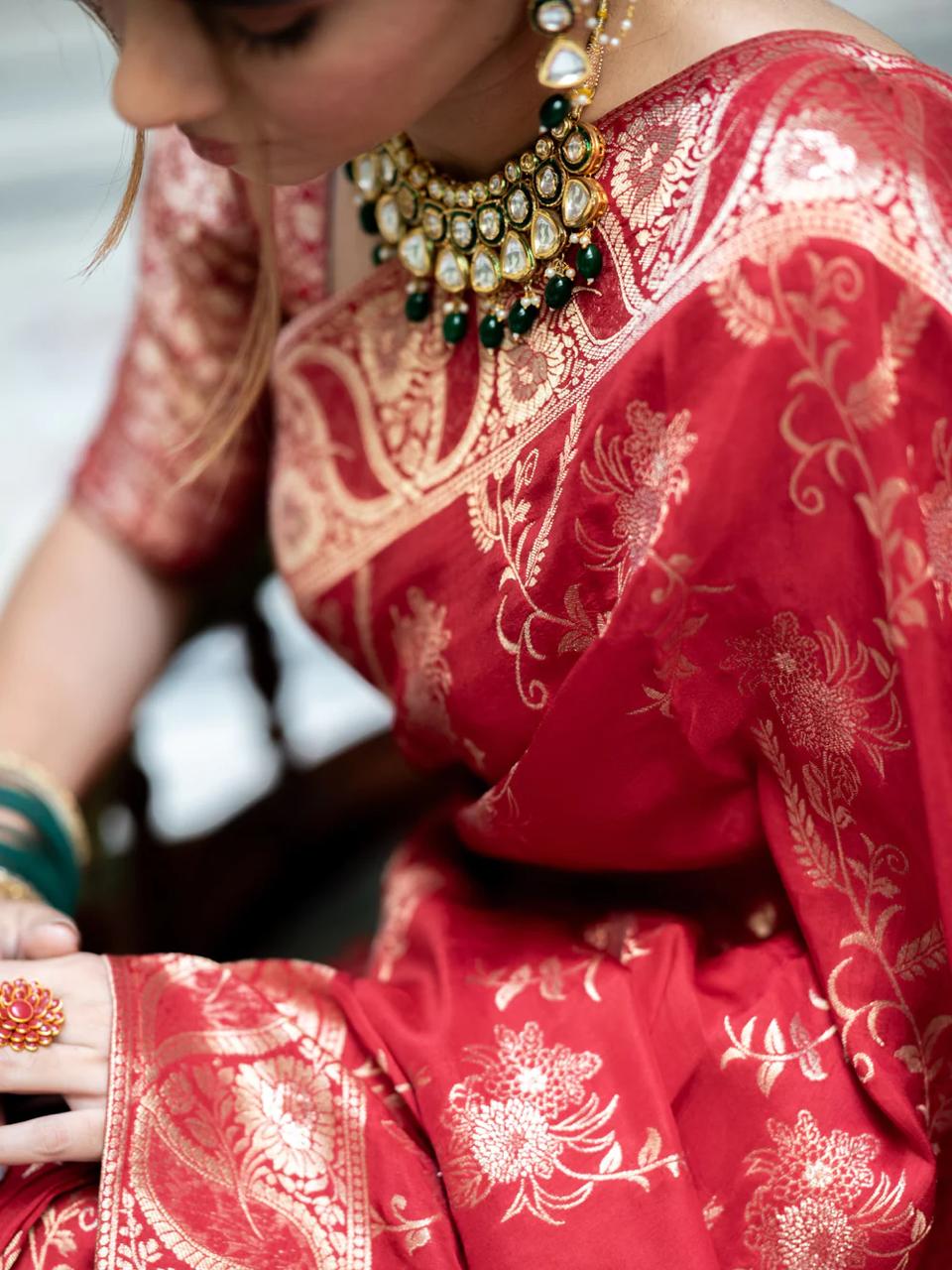Hema Red Banarasi Silk Saree WIth Fabulouse Blouse Piece