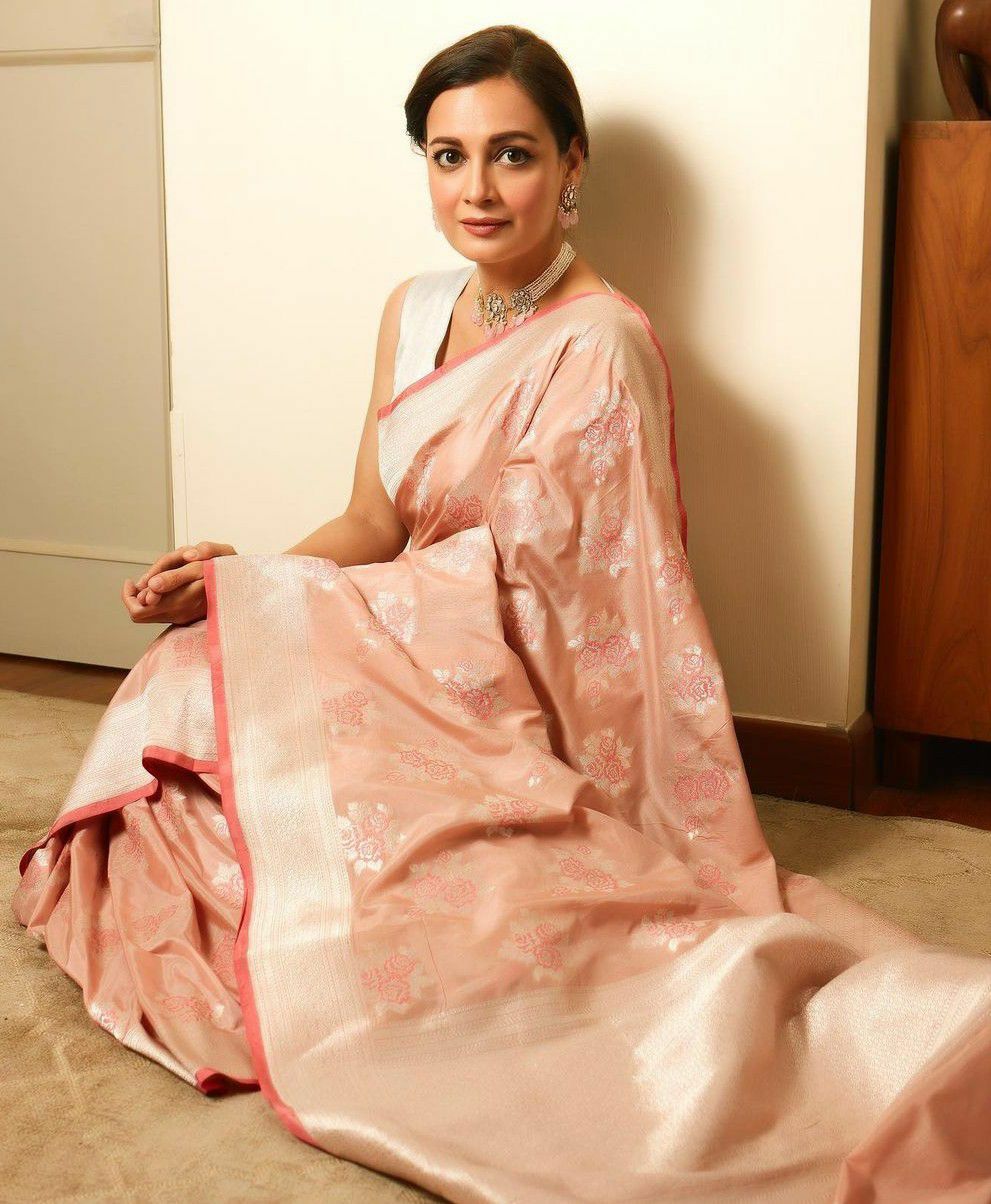 Peach Silk Saree With Weaving Work