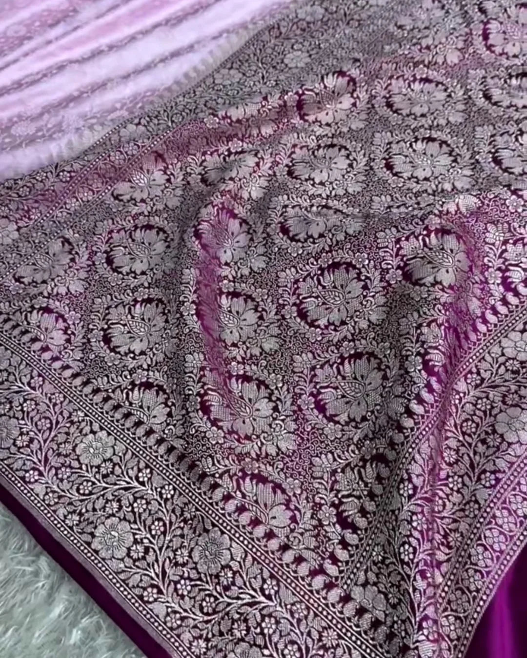 Shalini-Lavender Floral Banarasi Style Saree With Wine Border