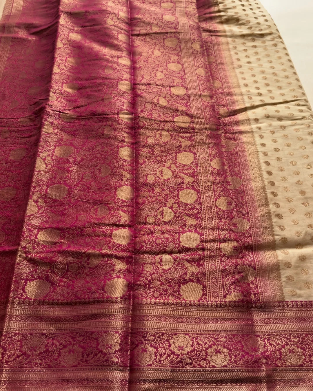 Ruhani - Cream Magenta Heritage Silk Saree
