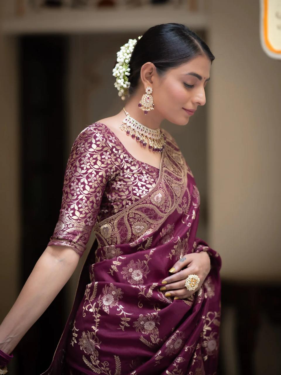 Hema Wine Banarasi Silk Saree WIth Fabulouse Blouse Piece