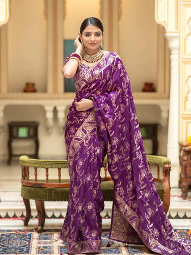 Hema Purple Banarasi Silk Saree WIth Fabulouse Blouse Piece