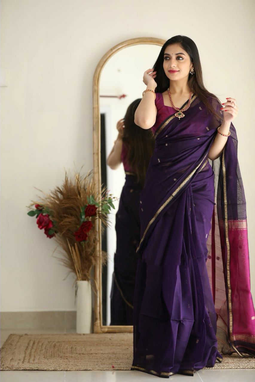 Luxuriant Purple Cotton Silk Saree