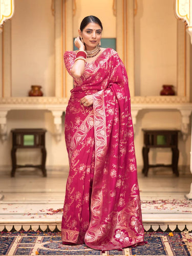 Hema RubyPink Banarasi Silk Saree WIth Fabulouse Blouse Piece