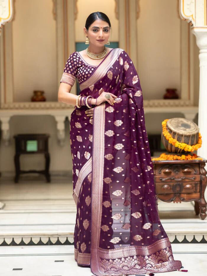 Wine Jacquard Work Banarasi Silk Saree