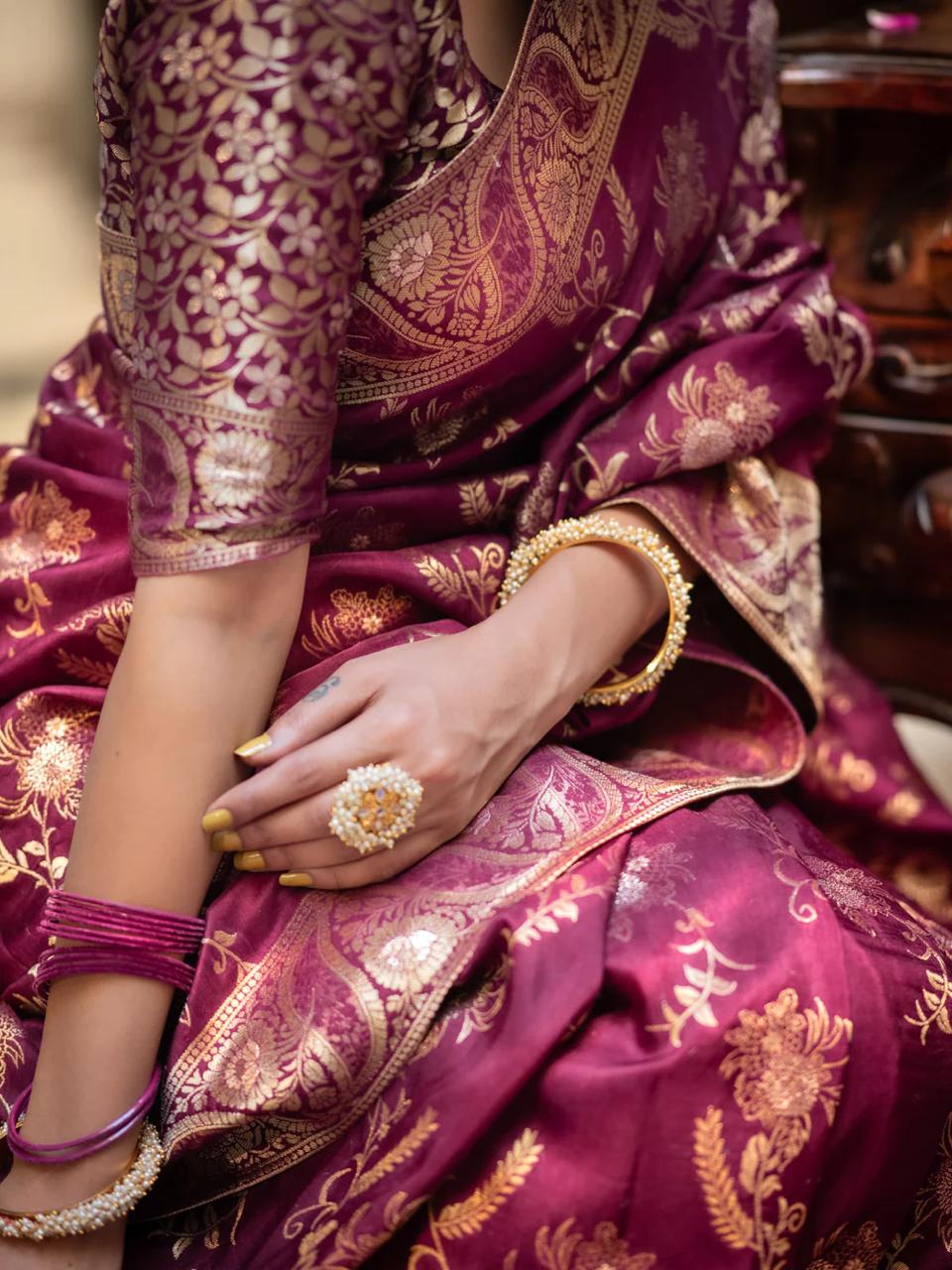 Hema Wine Banarasi Silk Saree WIth Fabulouse Blouse Piece