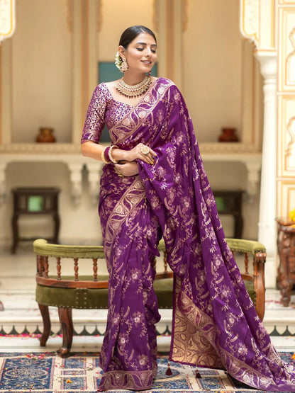 Hema Purple Banarasi Silk Saree WIth Fabulouse Blouse Piece
